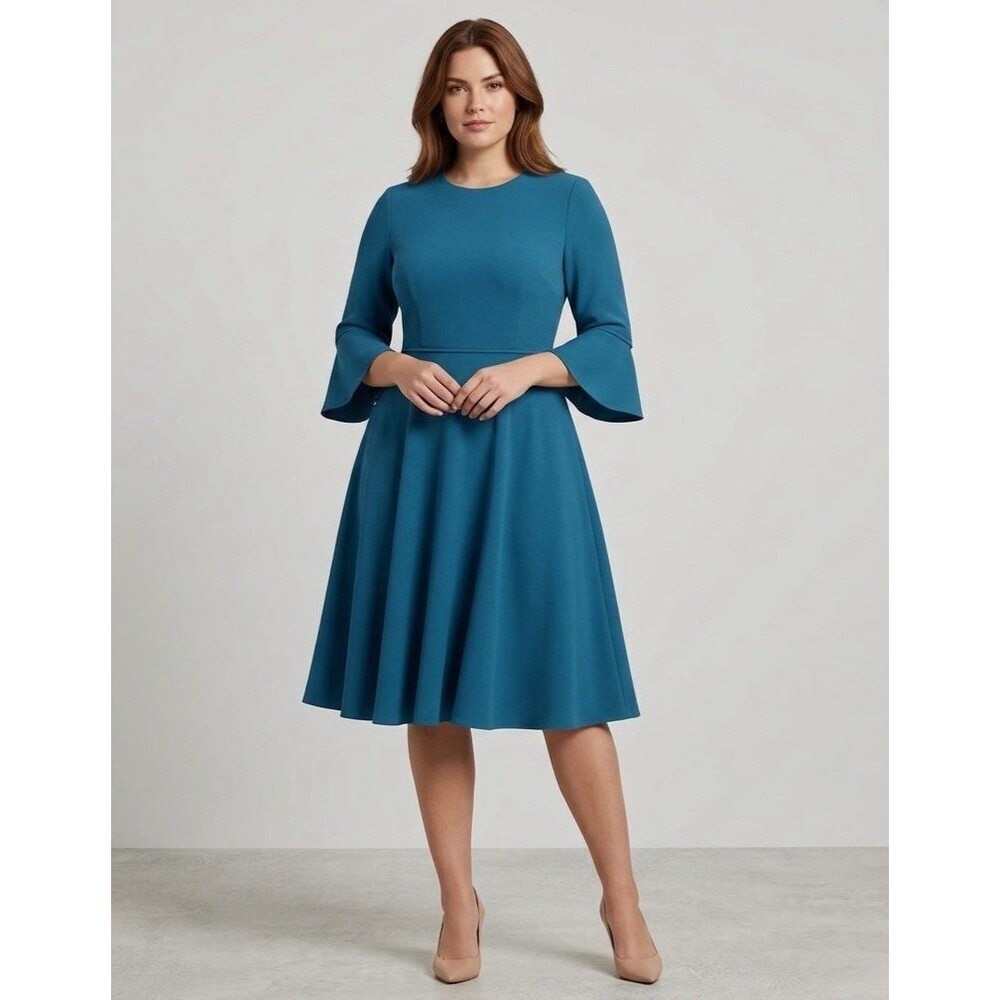 Hobbs London Dress Womens 6 Blue Teal Fit Flare Office Jewel Tone Modest